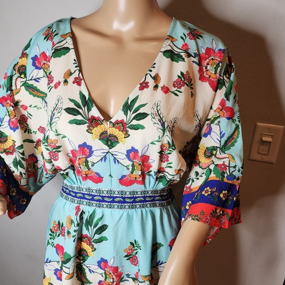 Umgee Kimono Sleeve Hankerchief Hem Blue Printed Boho Dress Stretch Waist Medium - Picture 5 of 13